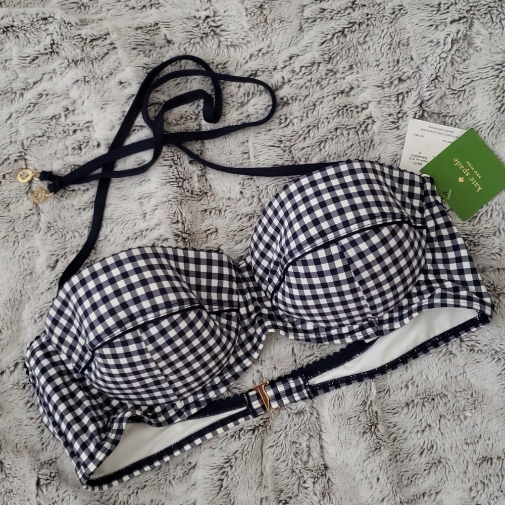 NWT KATE SPADE navy gingham bikini top underwire